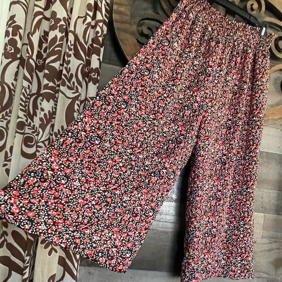 Floral Wide Leg Pants by Eyeshadow Black Red Yellow Flowers Elastic Waist - Picture 7 of 16